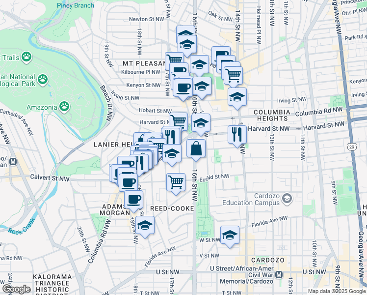 map of restaurants, bars, coffee shops, grocery stores, and more near 1630 Columbia Road Northwest in Washington