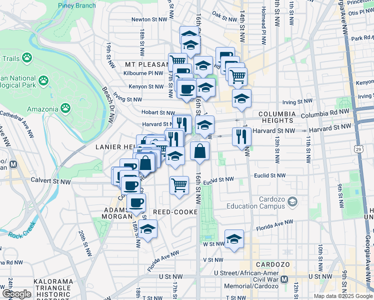 map of restaurants, bars, coffee shops, grocery stores, and more near 1630 Columbia Road Northwest in Washington