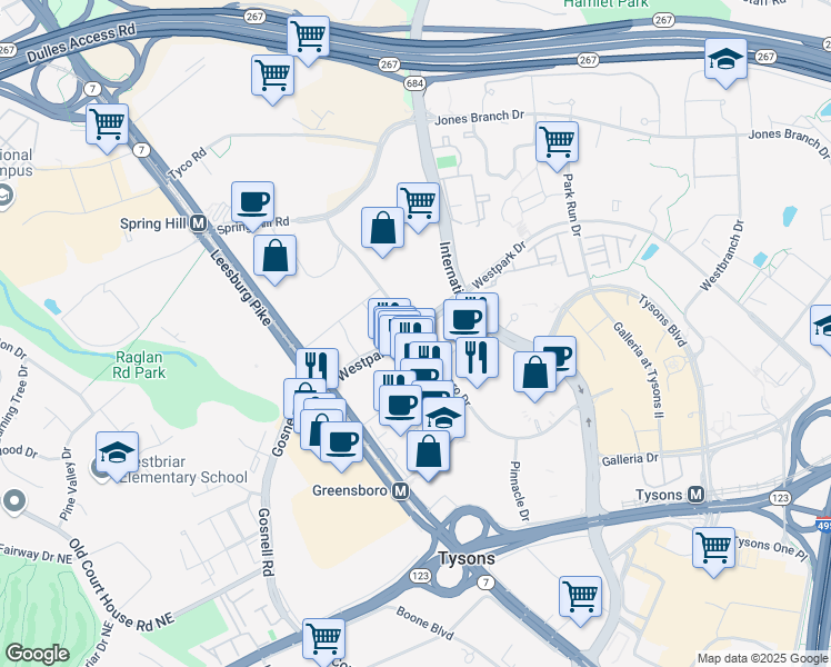 map of restaurants, bars, coffee shops, grocery stores, and more near Westpark Drive & Greensboro Drive in Tysons Corner