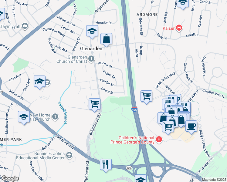 map of restaurants, bars, coffee shops, grocery stores, and more near 8614 Girard Street in Summerfield