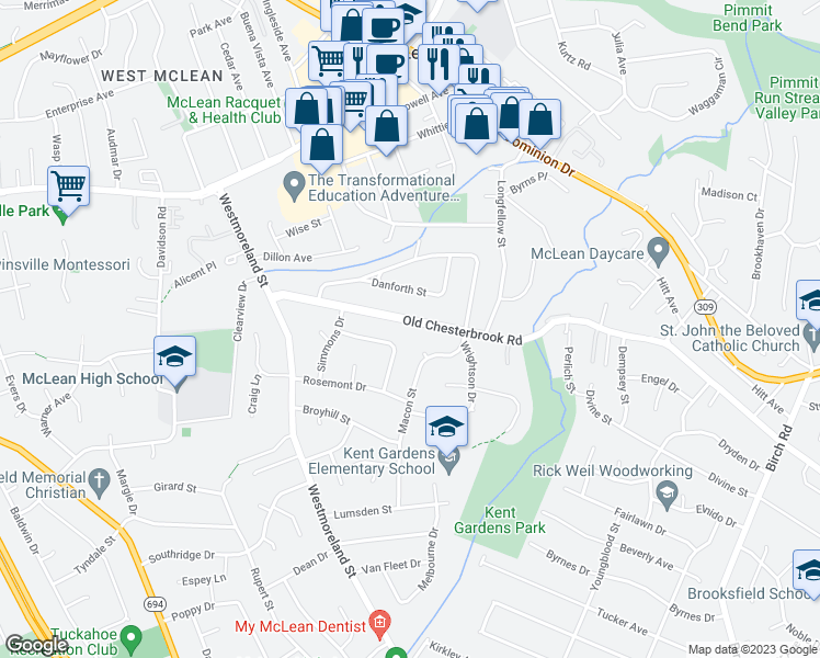 map of restaurants, bars, coffee shops, grocery stores, and more near 6713 Old Chesterbrook Road in McLean