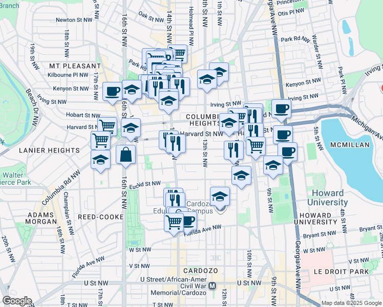 map of restaurants, bars, coffee shops, grocery stores, and more near 1326 Girard Street Northwest in Washington