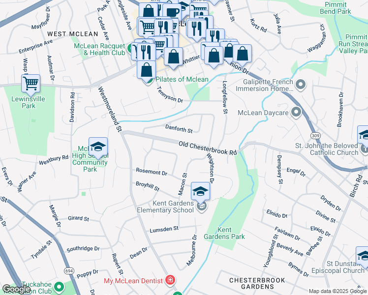 map of restaurants, bars, coffee shops, grocery stores, and more near 6713 Old Chesterbrook Road in McLean