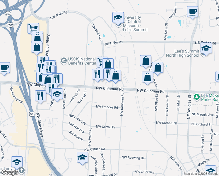 map of restaurants, bars, coffee shops, grocery stores, and more near 504 NW Chipman Rd in Lee's Summit