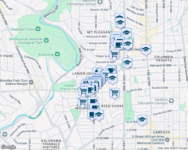 map of restaurants, bars, coffee shops, grocery stores, and more near 18th Street Northwest & Ontario Road Northwest in Washington