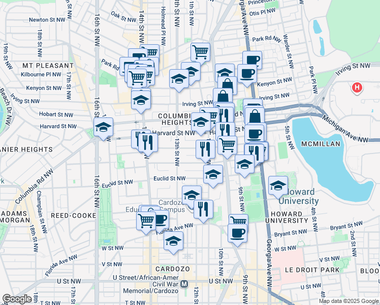 map of restaurants, bars, coffee shops, grocery stores, and more near 1218 Girard Street Northwest in Washington