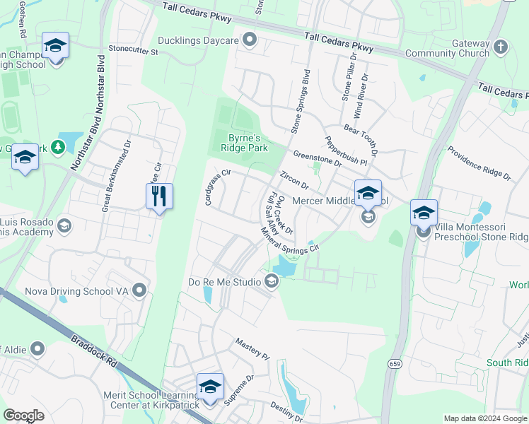 map of restaurants, bars, coffee shops, grocery stores, and more near 25014 Mineral Springs Circle in Aldie