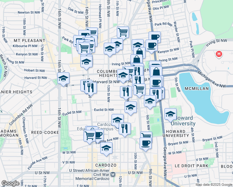 map of restaurants, bars, coffee shops, grocery stores, and more near 1218 Girard Street Northwest in Washington