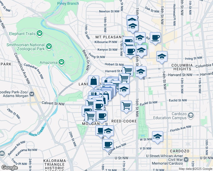 map of restaurants, bars, coffee shops, grocery stores, and more near 2803 Ontario Road Northwest in Washington
