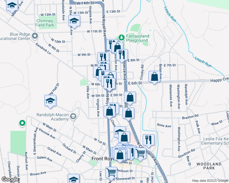 map of restaurants, bars, coffee shops, grocery stores, and more near 508 Warren Ave in Front Royal