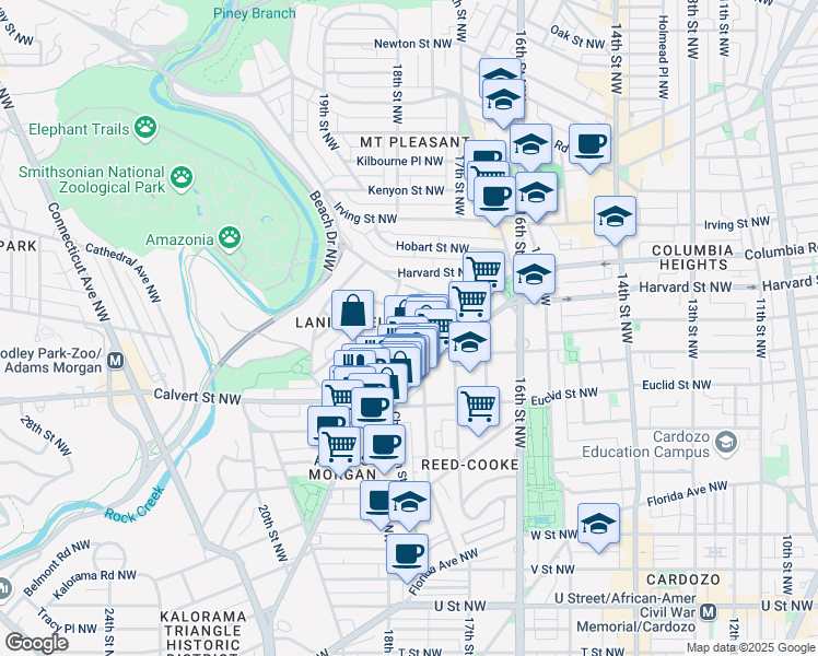 map of restaurants, bars, coffee shops, grocery stores, and more near 1725 Lanier Place Northwest in Washington