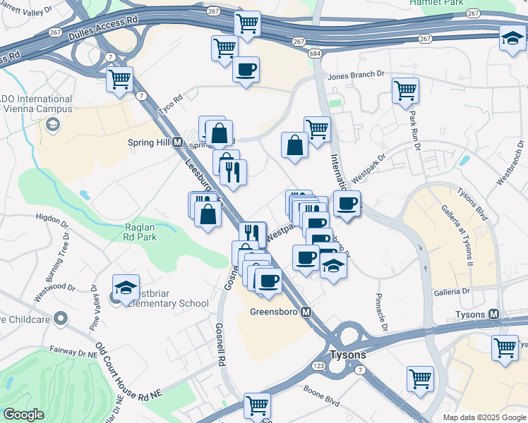 map of restaurants, bars, coffee shops, grocery stores, and more near 8444 Westpark Drive in McLean