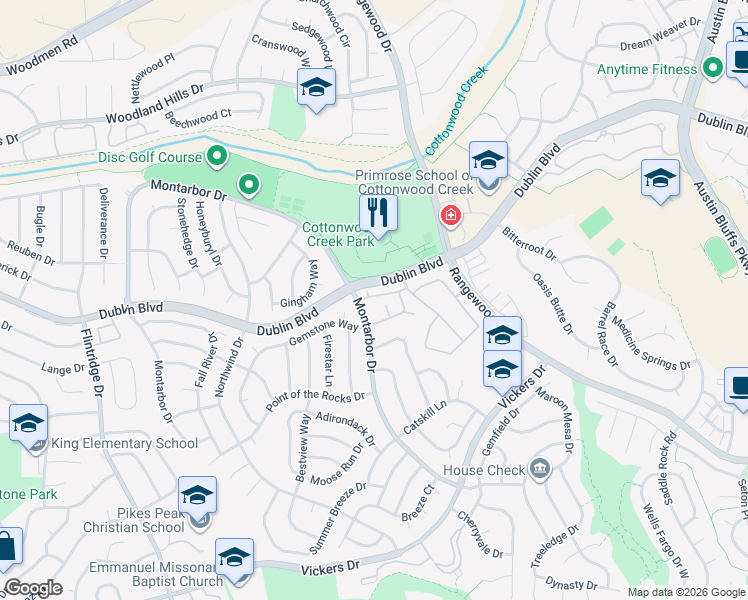 map of restaurants, bars, coffee shops, grocery stores, and more near 4191 Diamond Ridge View in Colorado Springs