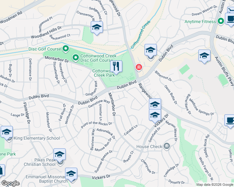 map of restaurants, bars, coffee shops, grocery stores, and more near 4191 Diamond Ridge View in Colorado Springs