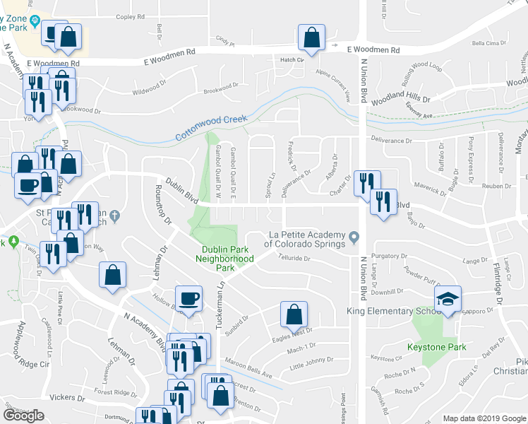 map of restaurants, bars, coffee shops, grocery stores, and more near 6418 McNichols Court in Colorado Springs