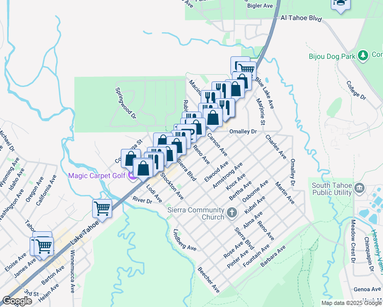 map of restaurants, bars, coffee shops, grocery stores, and more near 2564 Palmira Avenue in South Lake Tahoe