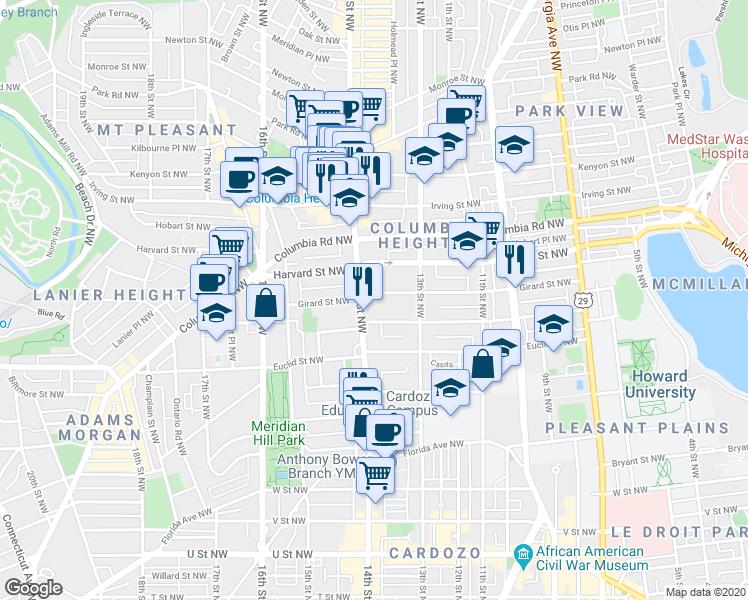 map of restaurants, bars, coffee shops, grocery stores, and more near 101 Independence Avenue Southeast in Washington