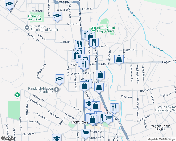 map of restaurants, bars, coffee shops, grocery stores, and more near 499 U.S. 340 in Front Royal