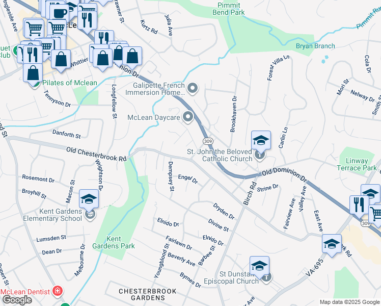 map of restaurants, bars, coffee shops, grocery stores, and more near 1616 6th Place in McLean
