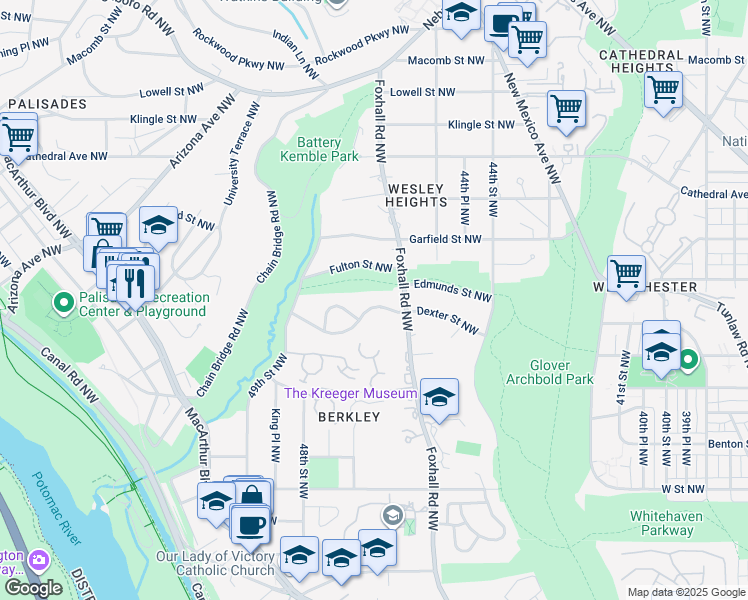 map of restaurants, bars, coffee shops, grocery stores, and more near 4641 Dexter Street Northwest in Washington
