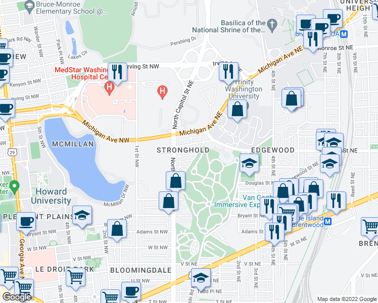 map of restaurants, bars, coffee shops, grocery stores, and more near 101 Independence Avenue Southeast in Washington
