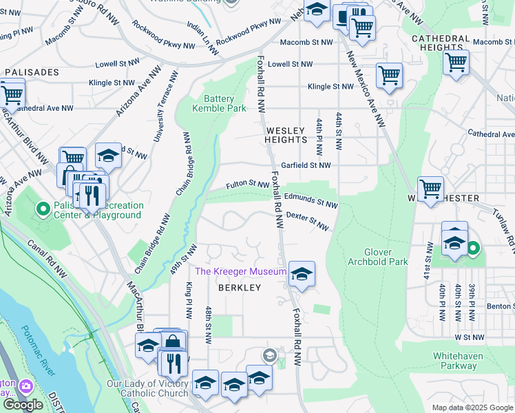 map of restaurants, bars, coffee shops, grocery stores, and more near 4641 Dexter Street Northwest in Washington