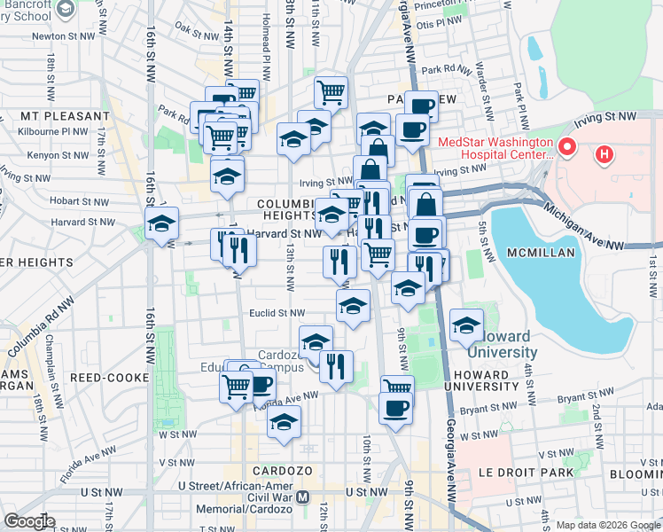 map of restaurants, bars, coffee shops, grocery stores, and more near 101 Independence Avenue Southeast in Washington