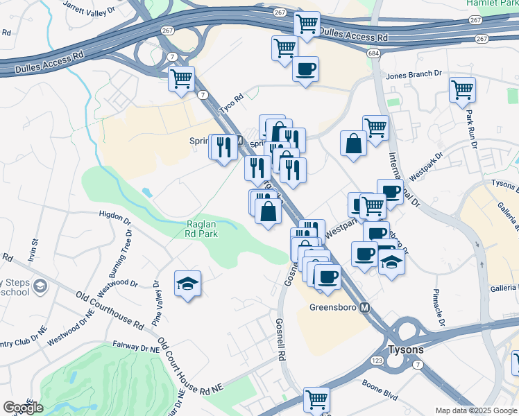 map of restaurants, bars, coffee shops, grocery stores, and more near 8517 Leesburg Pike in Vienna