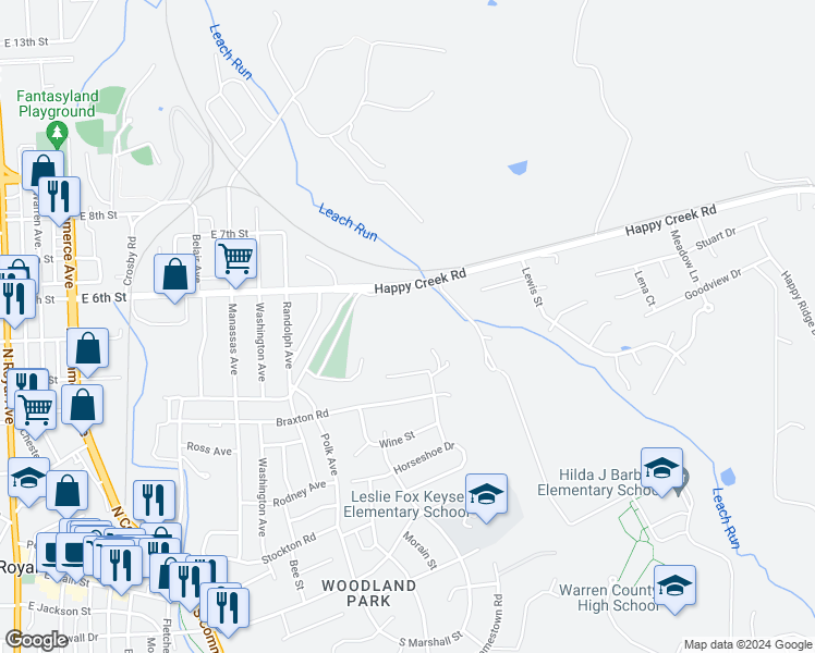 map of restaurants, bars, coffee shops, grocery stores, and more near 311 Leach Street in Front Royal