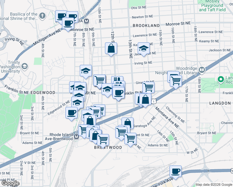 map of restaurants, bars, coffee shops, grocery stores, and more near Franklin St NE & 12th St NE in Washington
