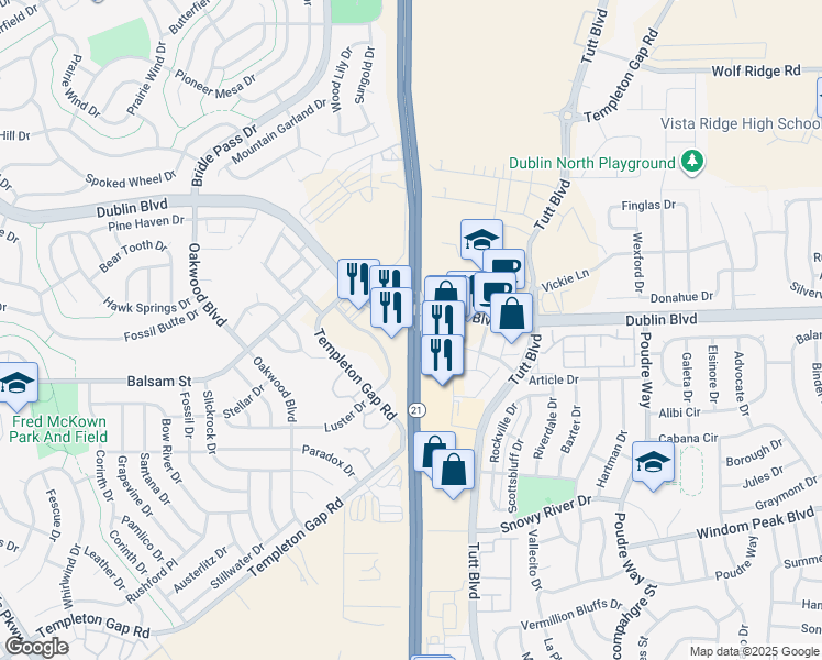 map of restaurants, bars, coffee shops, grocery stores, and more near North Powers Boulevard in Colorado Springs