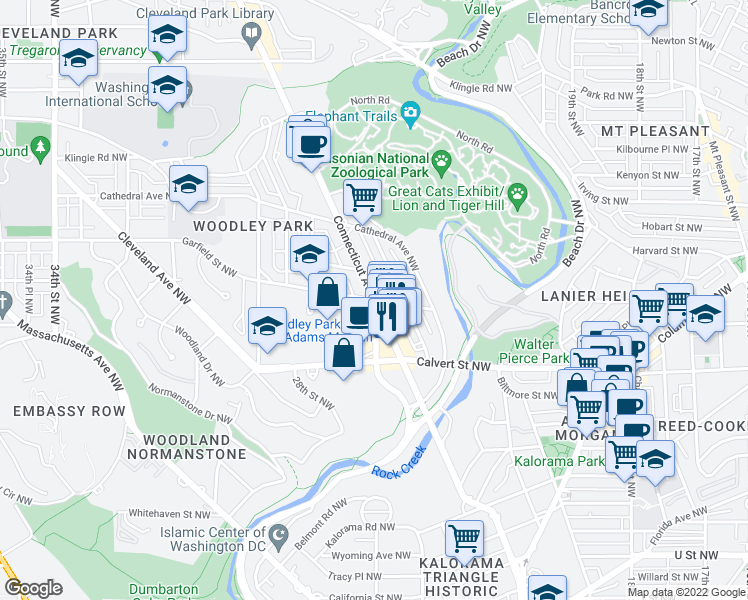 map of restaurants, bars, coffee shops, grocery stores, and more near Connecticut Avenue Northwest & Woodley Road Northwest in Washington