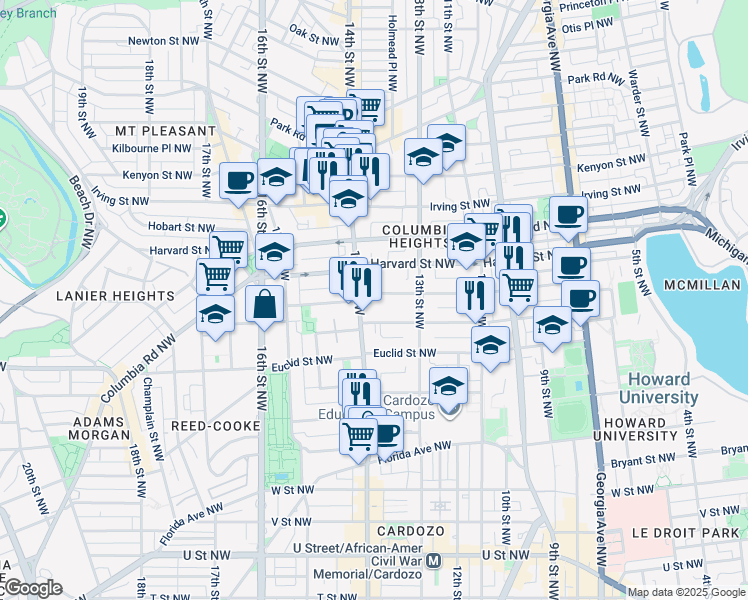 map of restaurants, bars, coffee shops, grocery stores, and more near 1358 Girard Street Northwest in Washington