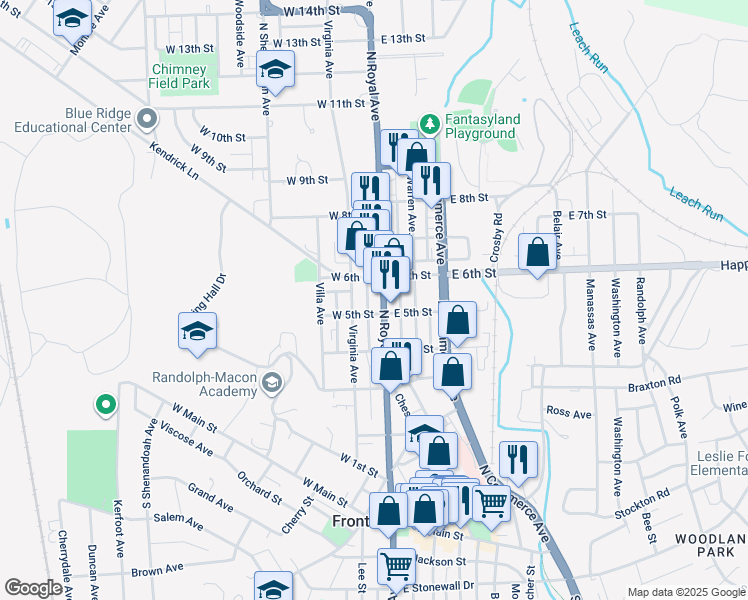 map of restaurants, bars, coffee shops, grocery stores, and more near 510 North Royal Avenue in Front Royal