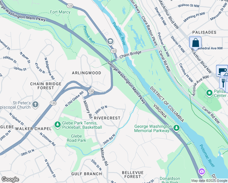 map of restaurants, bars, coffee shops, grocery stores, and more near 4525 North Glebe Road in Arlington
