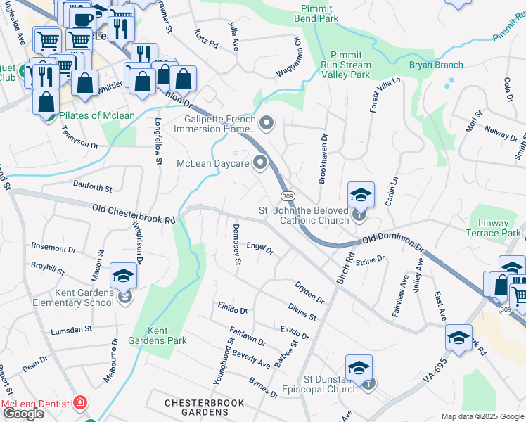 map of restaurants, bars, coffee shops, grocery stores, and more near 1616 6th Place in McLean