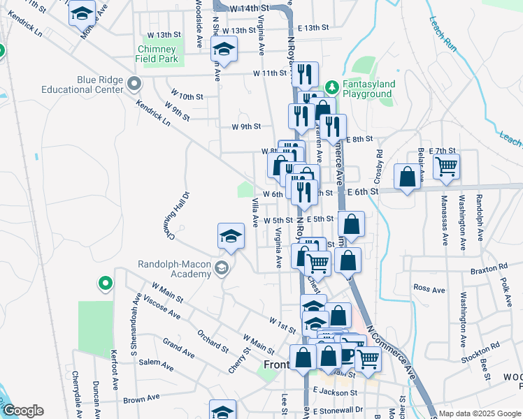 map of restaurants, bars, coffee shops, grocery stores, and more near 515 Villa Avenue in Front Royal