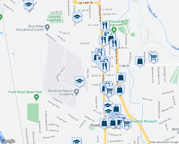 map of restaurants, bars, coffee shops, grocery stores, and more near 517 Villa Avenue in Front Royal