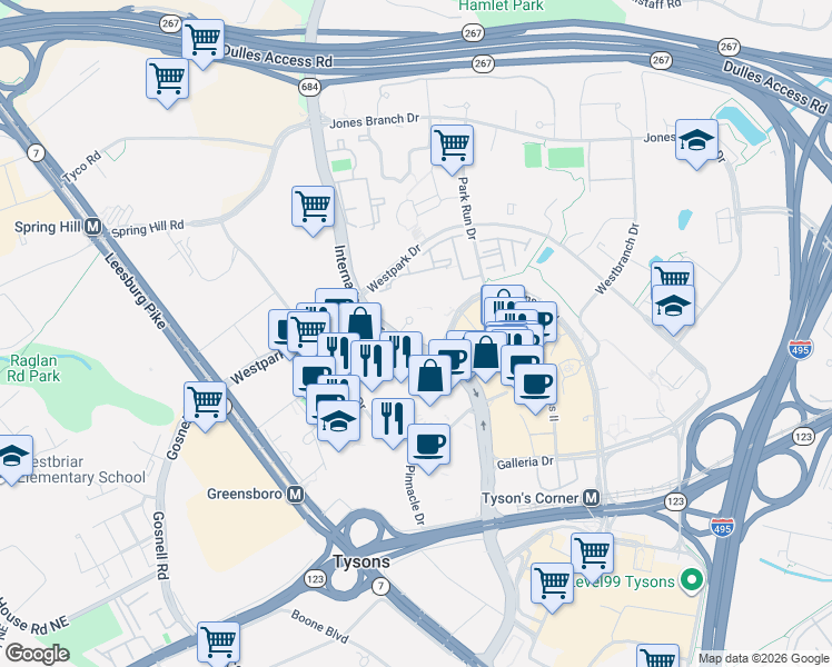 map of restaurants, bars, coffee shops, grocery stores, and more near 1645 International Drive in McLean