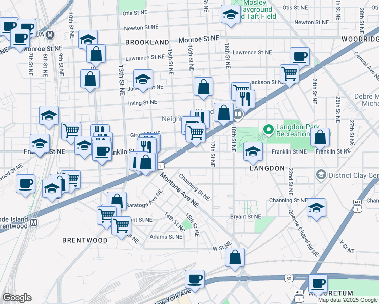 map of restaurants, bars, coffee shops, grocery stores, and more near Franklin Street Northeast in Washington