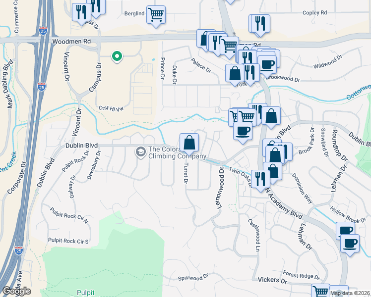 map of restaurants, bars, coffee shops, grocery stores, and more near 6442 Turret Drive in Colorado Springs