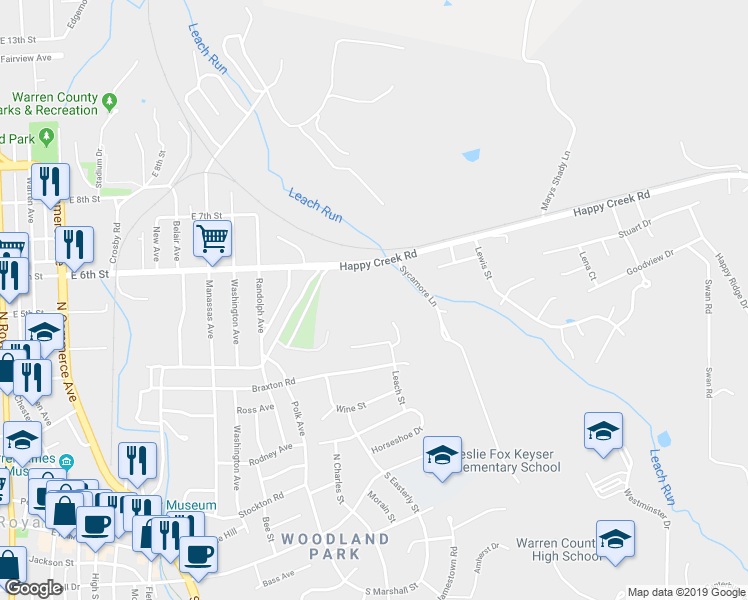 map of restaurants, bars, coffee shops, grocery stores, and more near 311 Leach Street in Front Royal