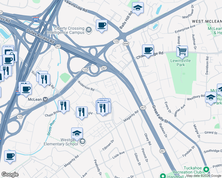 map of restaurants, bars, coffee shops, grocery stores, and more near 7446 Carriage Hills Drive in McLean