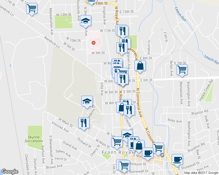 map of restaurants, bars, coffee shops, grocery stores, and more near 512 Virginia Avenue in Front Royal