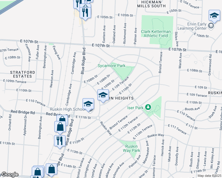 map of restaurants, bars, coffee shops, grocery stores, and more near 7404 East 109 Terrace in Kansas City