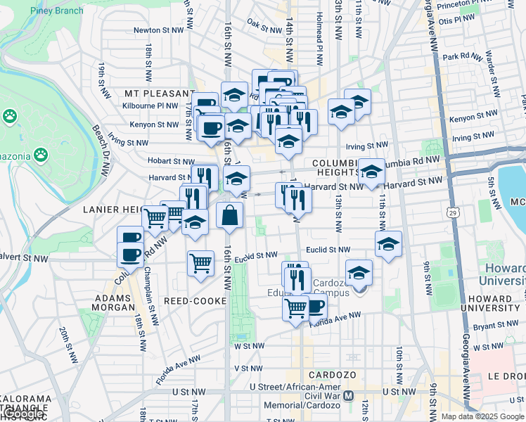 map of restaurants, bars, coffee shops, grocery stores, and more near 1447 Girard Street Northwest in Washington
