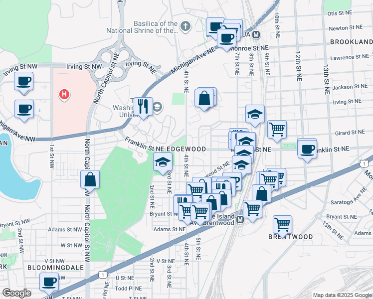 map of restaurants, bars, coffee shops, grocery stores, and more near Franklin St NE & 4th St NE in Washington