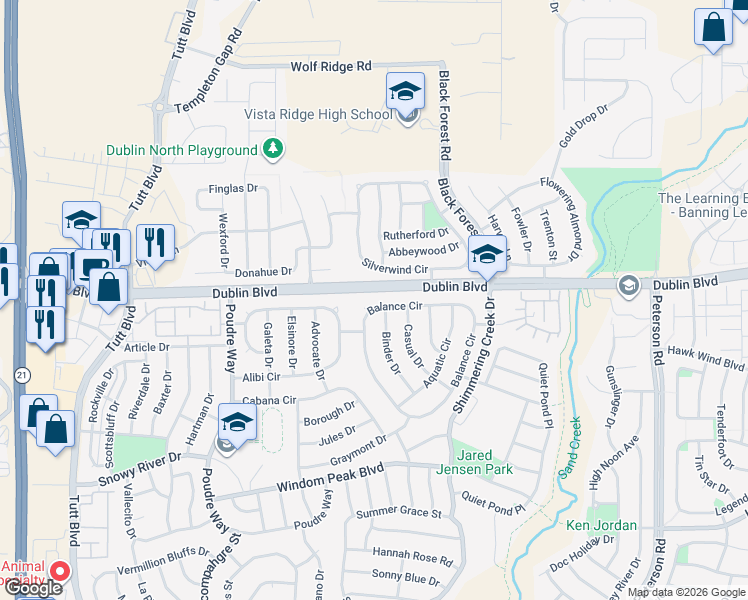 map of restaurants, bars, coffee shops, grocery stores, and more near 6431 Balance Circle in Colorado Springs