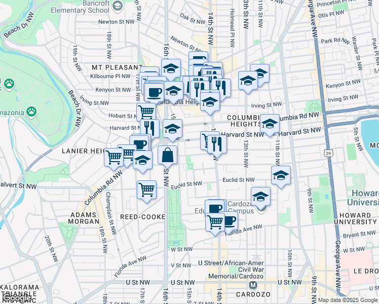 map of restaurants, bars, coffee shops, grocery stores, and more near 1453 Girard Street Northwest in Washington