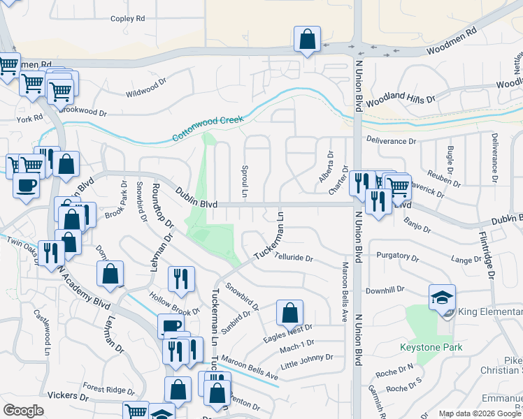 map of restaurants, bars, coffee shops, grocery stores, and more near 6418 McNichols Court in Colorado Springs